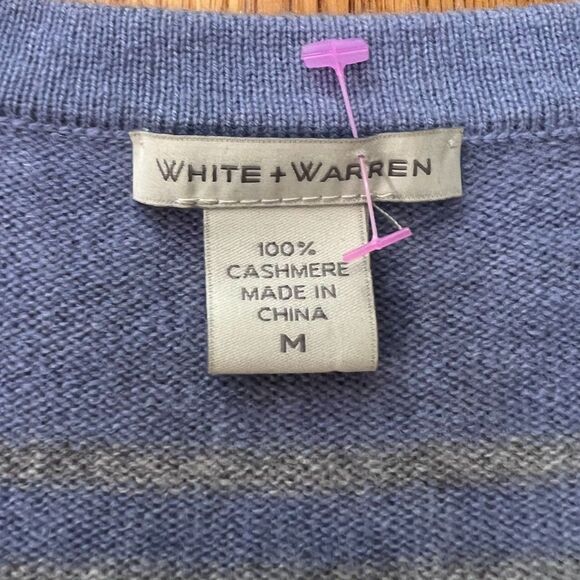 White + Warren 100% Cashmere Lilac Cream Gray Stripe ¾ Sleeve Cardigan Size M - Picture 3 of 10